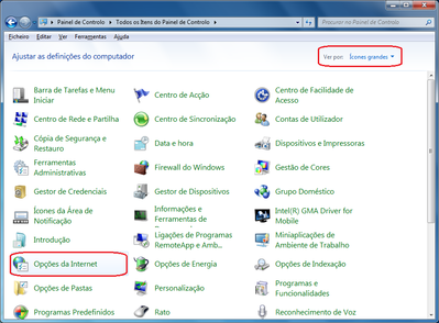 Execução do gestor de opções do Internet Explorer (integrado ao sistema) a partir do &quot;Painel de controlo&quot;.