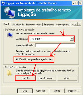 Deverá preencher os campos do endereço do servidor, neste caso o IP 192.168.1.5, e poderá colocar o visto em guardar as credenciais (à primeira vez que ligar ao servidor será apresentada a questão se deseja ligar-se). Este último visto previne que esteja sempre a ser questionado. Note-se que isto NÃO GUARDA as palavras chave (nem deve).