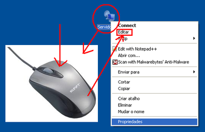 Para se definir as propriedades da ligação, entre na opção &quot;editar&quot; com o botão direito do rato sobre o ícone recém-criado.