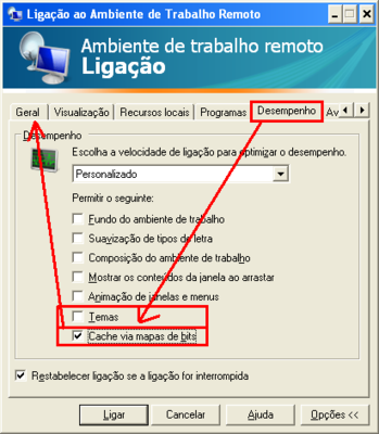 Pode opcionalmente definir o cliente para não enviar o fundo do ambiente de trabalho, com o objectivo de maximizar a transmissão em rede (diminui o tempo de espera).