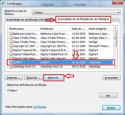 Selecção do campo de certificados de raiz fidedigna, Certificado antigo e botão para remover.